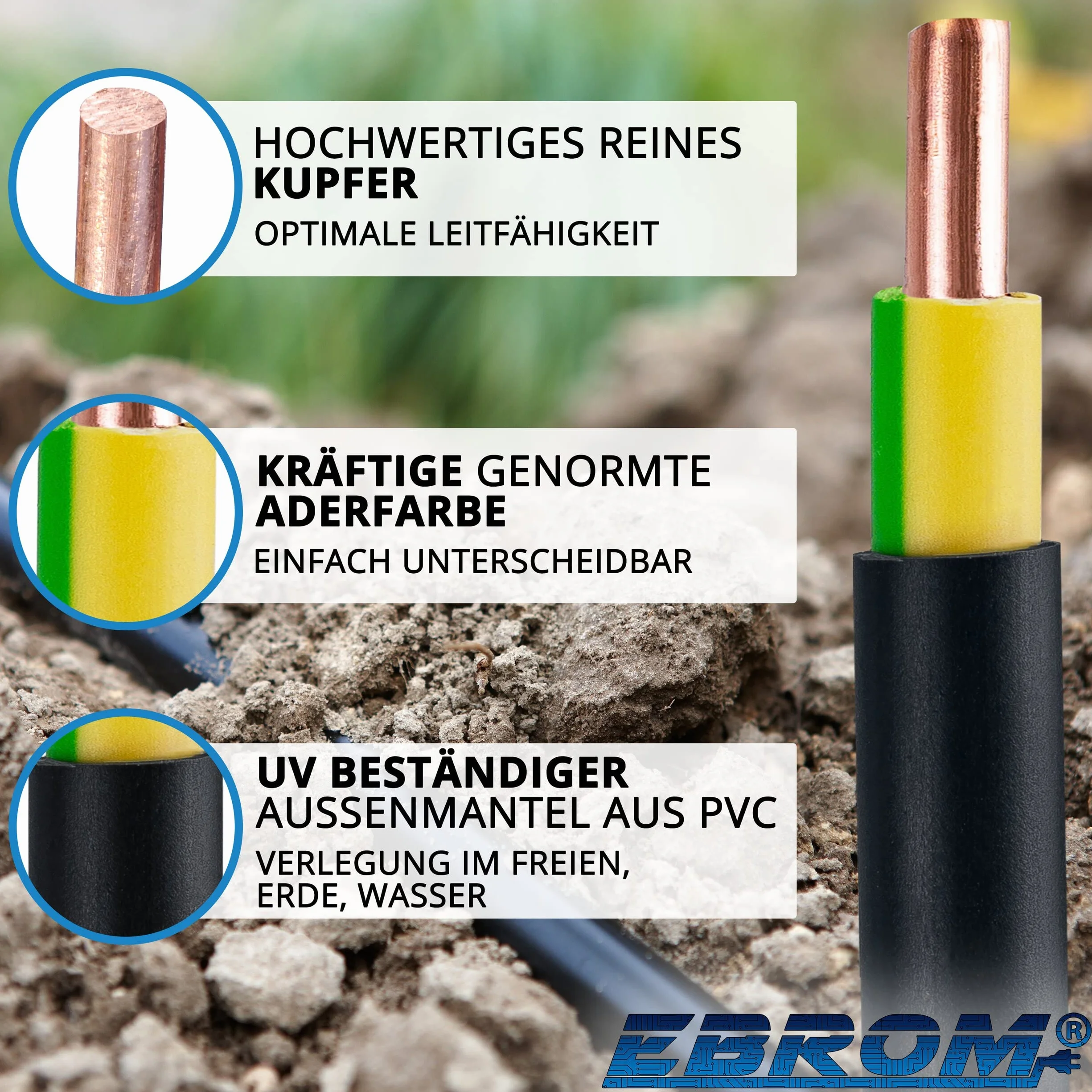 EBROM Erdungskabel - Erdkabel - NYY-J 1x16 mm² - schwarz – bestellbar in den Längen: 15m / 20m / 25m / 50m – Ihre Auswahl: 15 Meter