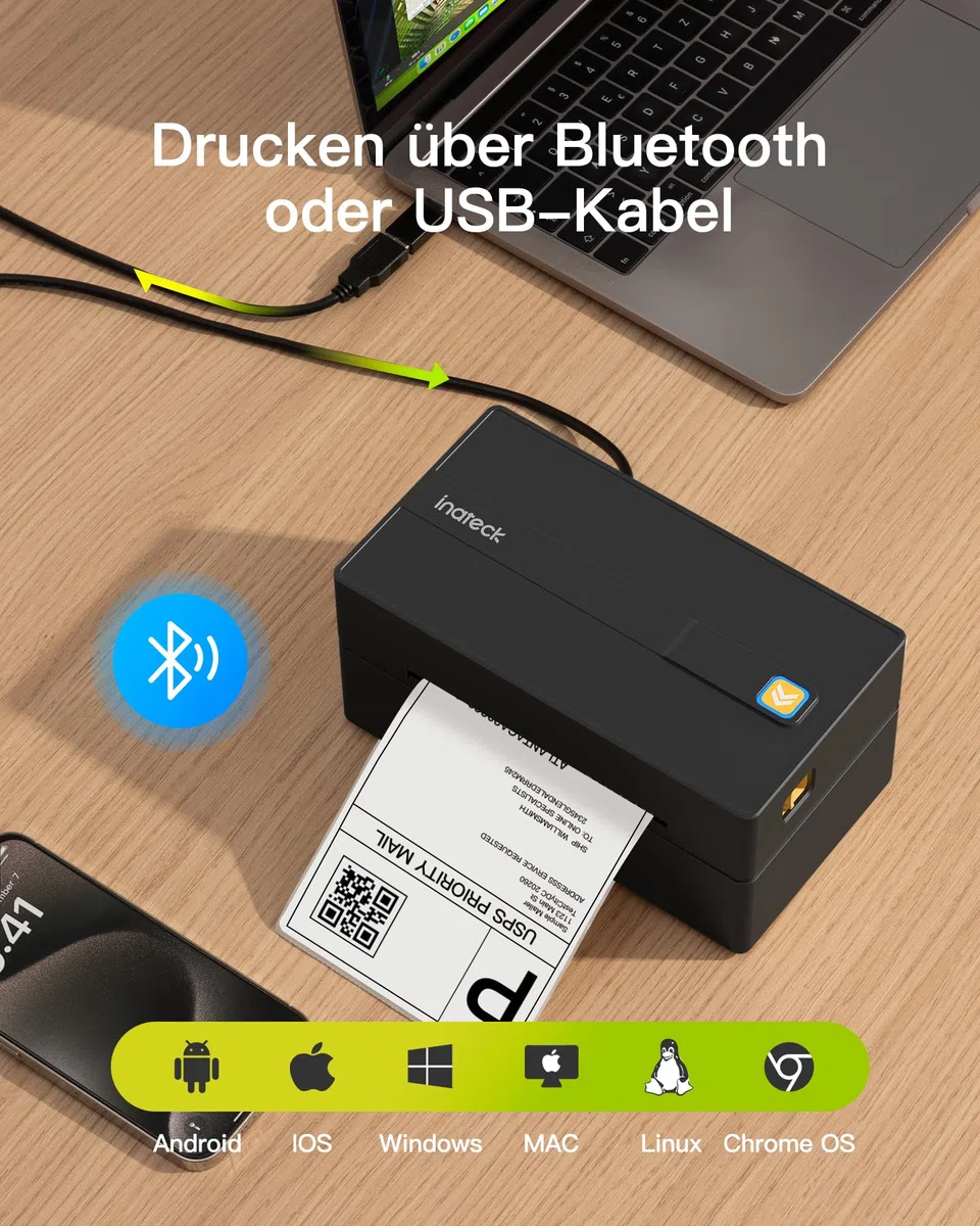 Inateck Mobile Thermo-Etiketten-drucker, Kabelloser 4x6 Versandetiketten Drucker für Versandpakete, Kompatibel mit iPhone, Android, iPad, Windows, MacOS, Chrome, USPS, Schwarz