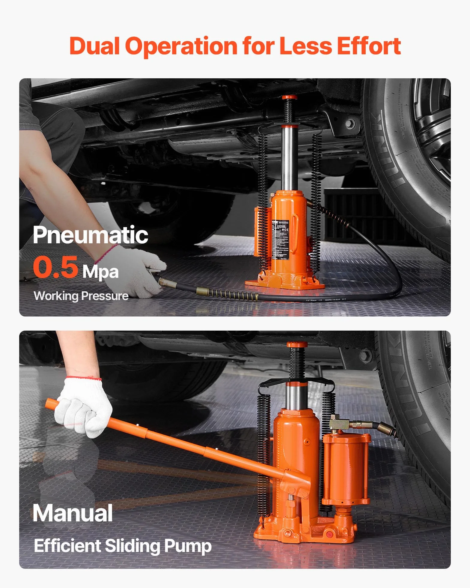 VEVOR lufthydraulischer Flaschenheber mit 12 t Tragkraft & Hubbereich 265–505 mm, pneumatisch/manuell, geschweißter Stempelwagenheber mit Pumpe für SUV Pickup LKW PKW-Reparaturen, Orange