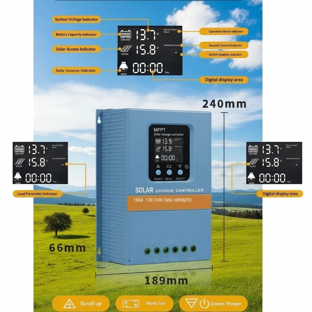 Solar Laderegler 150A 12V 24V 36V 48V Intelligente Erkennung LCD-Anzeige Batterieintelligenter Regler Max. 100V Eingang Doppelte USB für Blei/Lithium-Batterien