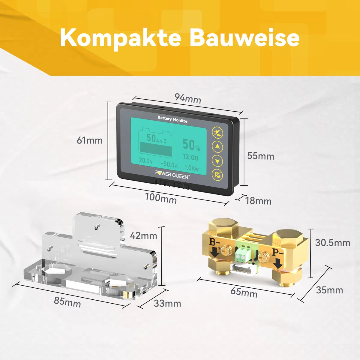 Power Queen 500A Batteriemonitor mit Shunt Programmierbarer Alarm 8V-120V Spannungsbereich LCD Anzeige 20ft Geschirmter Draht Kompatibel mit 12V Lithium, LiFePO4, Gel, überfluteten Batterien