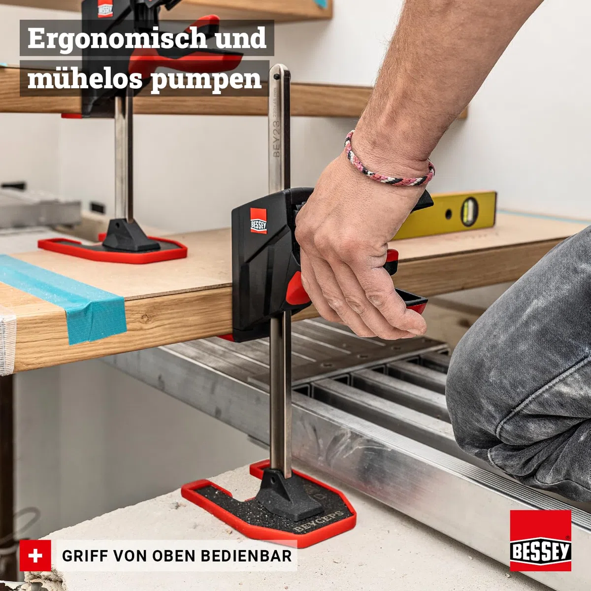 BESSEY BEYCEPS BEY23 Einhand-Montagewerkzeug, Heben/Spreizen 5-230 mm, Spannen 170-390 mm, Montagearbeiten mit bis zu 180 kg Hubkraft, Hebewerkzeug, Gewicht 1,60 kg, Schwarz/Rot
