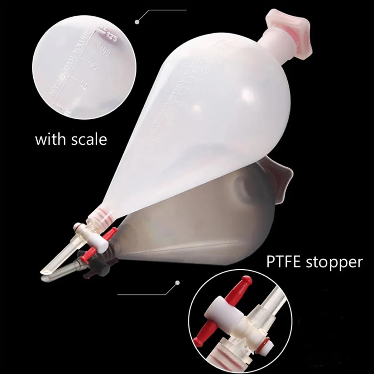 1000 ml birnenförmiger Scheidetrichter aus Kunststoff mit PTFE-Stopfen. PP-Trenntrichter. Laborbedarf