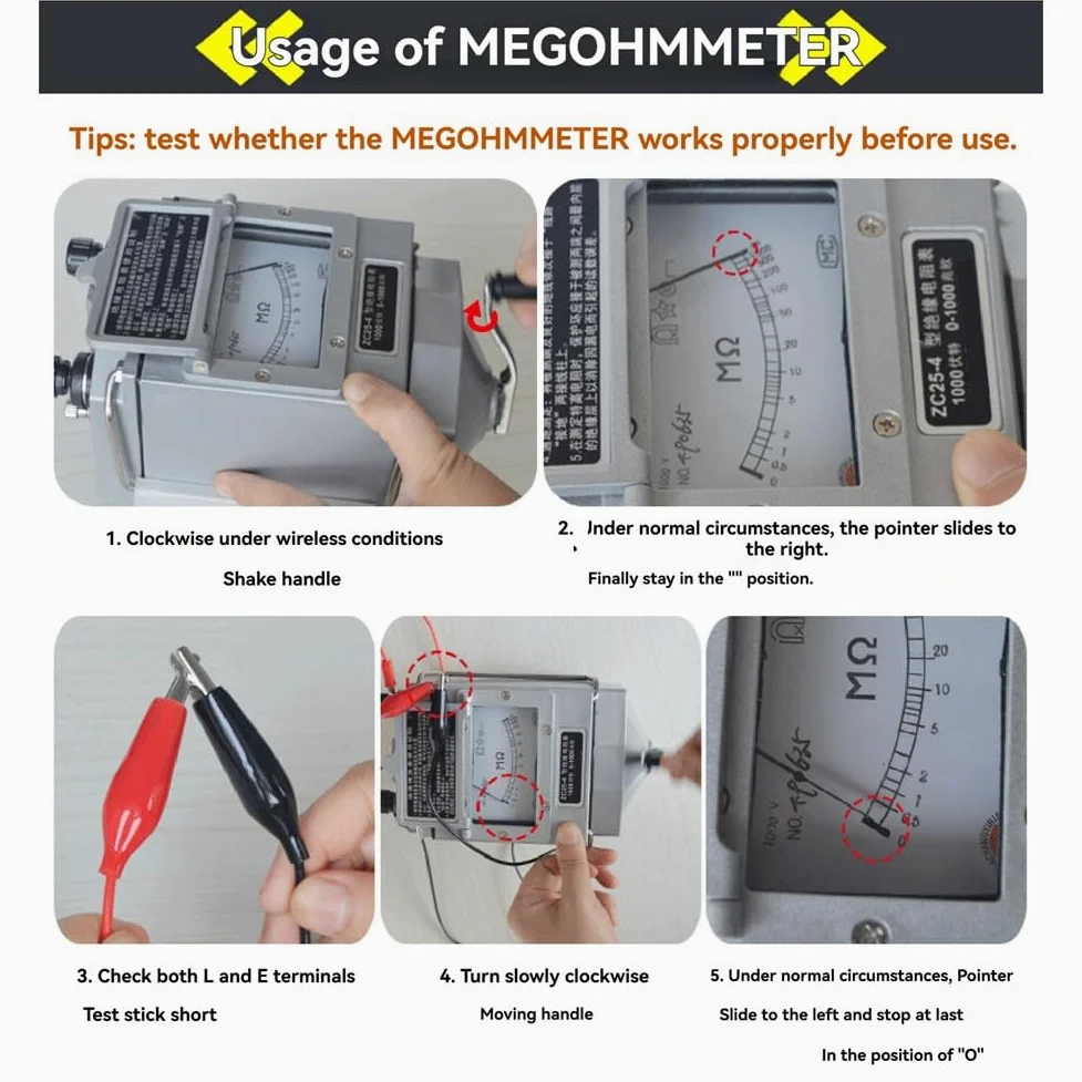 ZC25-4 Isolationswiderstandsprüfer, 1000 V, Tramegger, Elektriker, Megohmmeter, Handkurbel, Tramegger, Kunststoff