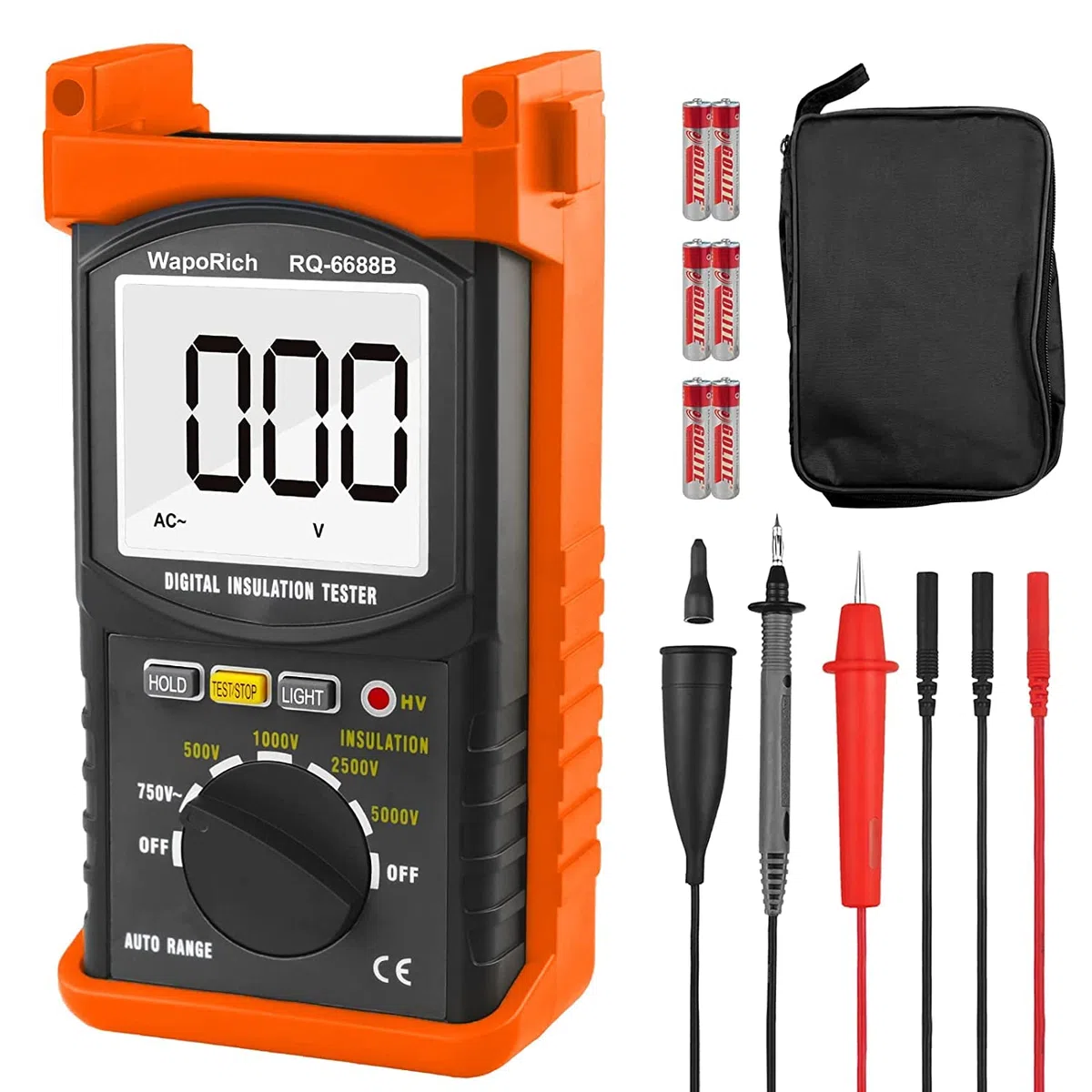 Digitaler Isolationswiderstandstester, WapoRich 200G Ohm MegOhmmeter Isolationswiderstandsmessgeräte DC AC Voltmeter Multimeter mit 1999 zählt, 500V/1kV/2,5kV/5kV Prüfspannung, Datenspeicherung