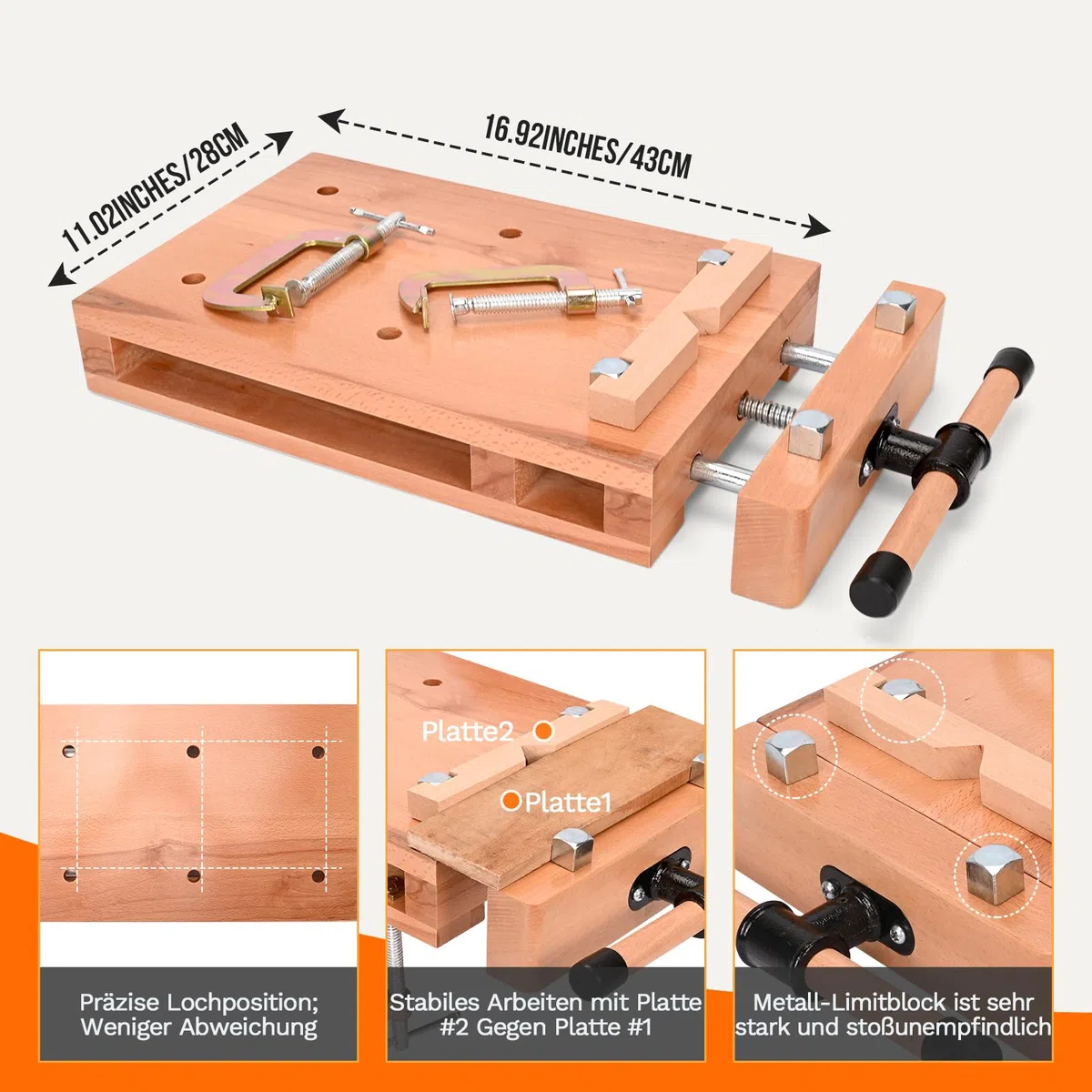 MYOYAY Tragbare Hobelbank, Holz Mini Werkbank Verstellbarer Schraubstock Workbench Mobile Werkbank Holzschraubstock, Werktisch aus Buchenholz für Klemmen und Hobeln, 53x28x7 cm