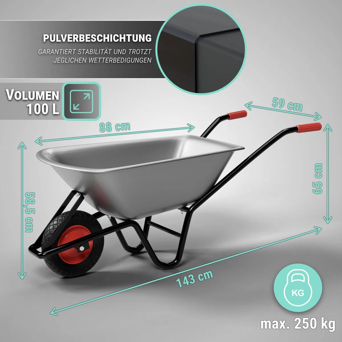 Schubkarre | 100 Liter Kapazität | 250 kg Tragkraft | verzinkter Stahl | pulverbeschichteter Rahmen | 40 cm Reifen | vielseitig