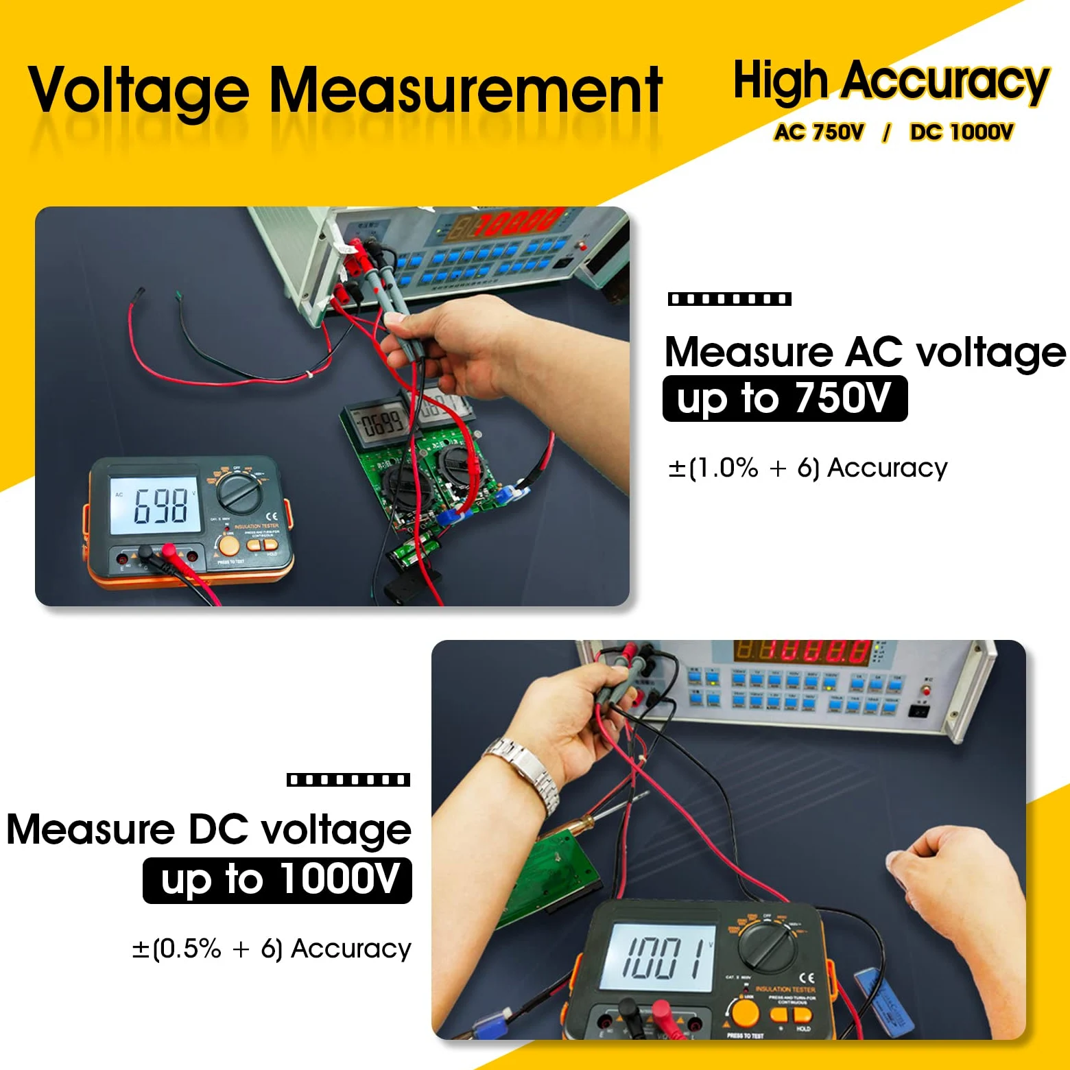 Isolationsmessgerät 250V/500V/1000V Megohmmeter, Kethvoz Isolationsprüfer mit AC/DC Spannungsmessung, Widerstand 2kΩ, Durchgangsprüfung <50Ω, Inkl. Messkabel & Krokodilklemmen