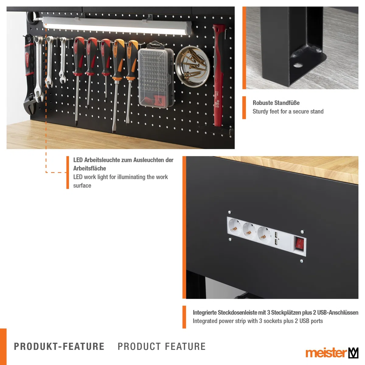 Meister Werkbank 1400 x 1140 x 610 mm - 200 kg Tragkraft - Vier Schubladen, Lochrückwand & drei Ablagefächer - Mit LED-Arbeitsleuchte & integrierter Steckdosenleiste - Aus Stahl / Werktisch / 9079700