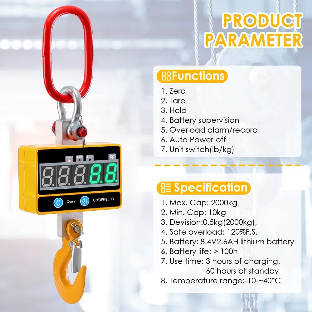 Kranwaage 2000kg/4000 lb Industrielle Hängewaage Hochleistungs wiederaufladbare Super Clear Digital Crane Scale mit Fernbedienung 2T hochpräzise elektronische Hängende Waage