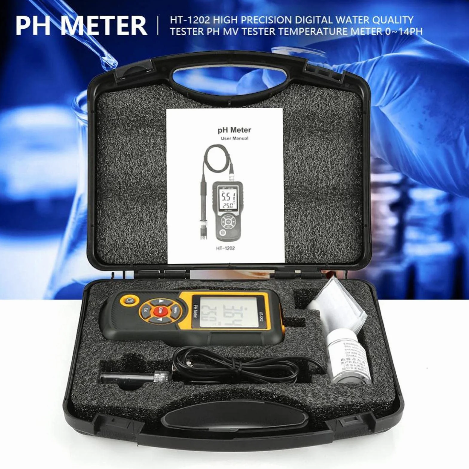 Digitales PH-Messgerät HT-1202 0, 05 pH Hochpräziser Wasserqualitätstester, PH mV-Testertemperaturmesser 0~14 PH mit schwarzem Gehäuse für Wasserquellen, Schulen, Labors, Apotheken