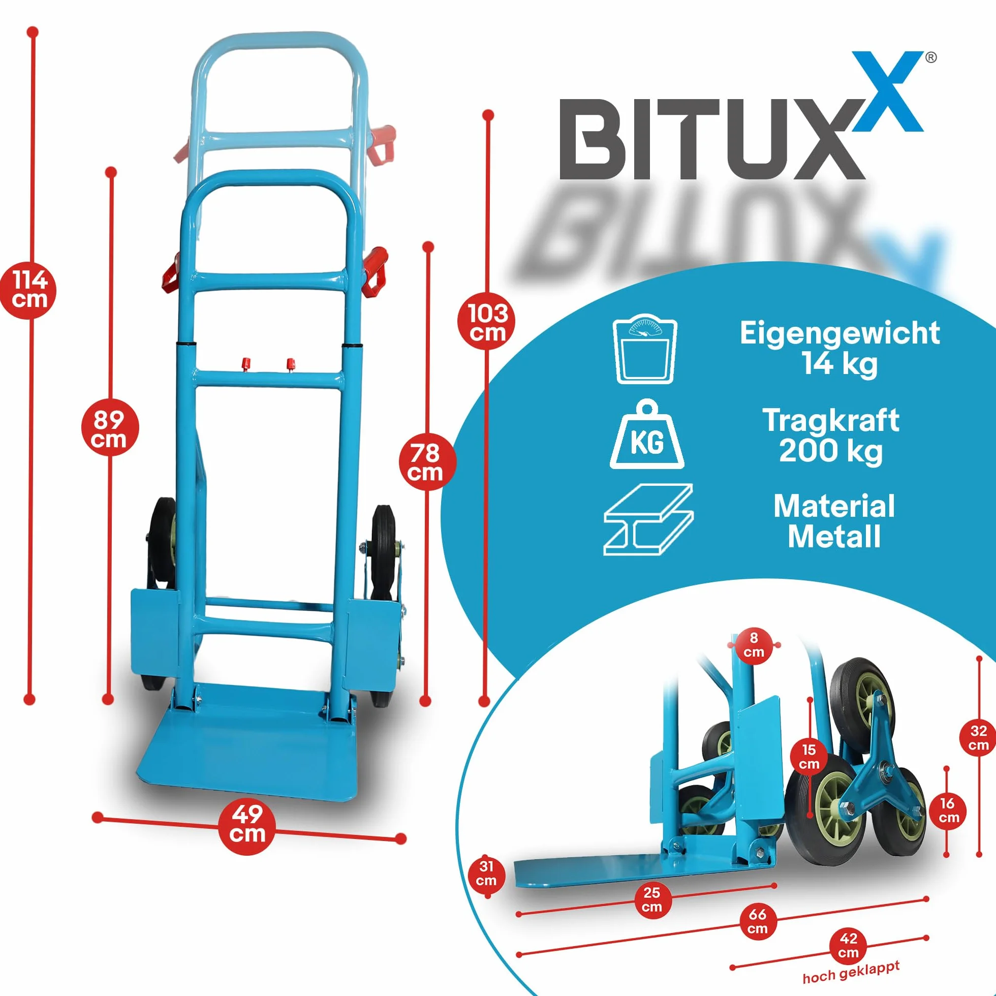 Bituxx Treppenkarre Sackkarre Treppe Treppensackkarre 200kg Treppensteiger Stapelkarre Klappbar Hartreifen