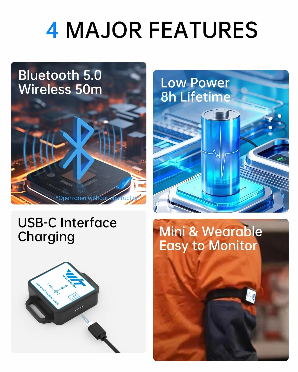 [Bluetooth 5.0 Beschleunigungssensoren] WT901BLECL 9-Achsen-Neigungssensor, 3-Achsen-Beschleunigungsmesser + Gyroskop + Magnetometer + Neigungsmesser, IMU-Sensor MPU9250-Modul Motion USB