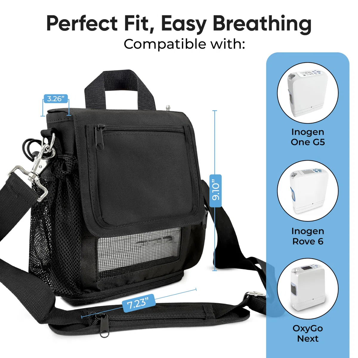 O2TOTES USA Leichte Tragetasche für Inogen One G5 & Rove 170 - 425 g, atmungsaktives Netzgewebe, mehrere Taschen und Reißverschlussboden für einfachen Batteriezugriff