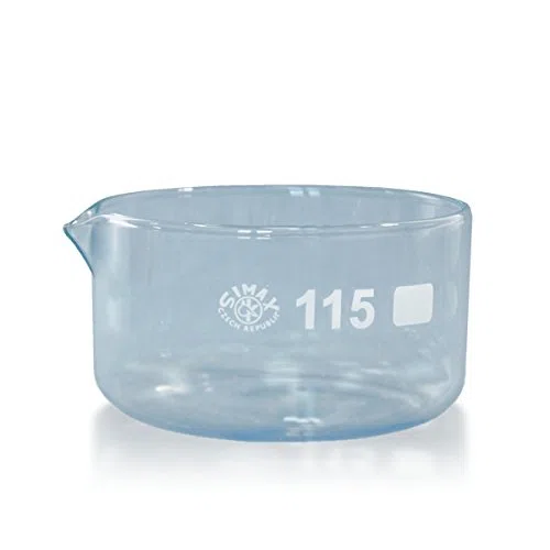 4 x Kristallisierschale 500 ml aus Borosilikatglas 3.3 mit Ausguss DIN 12338 - Höhe 65 mm - Ø 115 mm - Abdampfschale