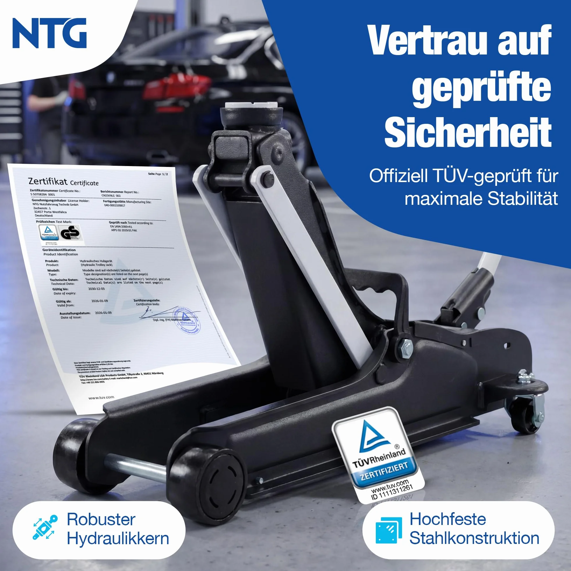 Wagenheber Hydraulisch 2,5T TÜV Zertifiziert (85-375mm Hubhöhe) - Profi Rangierwagenheber flach für tiefergelegte Autos - KFZ PKW Autoheber NTG (+ Gummiauflage Flach)