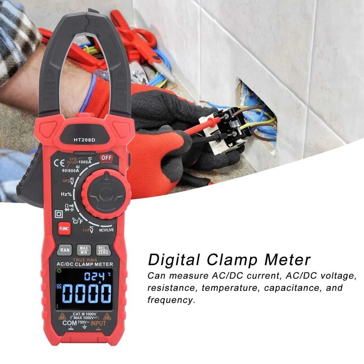 Strommessgerät HT208D Digitales Zangenmultimeter NCV Elektrisches Zangenmessgerät AC750V oder DC1000V 1000A AC/DC Strommesszange für Stromkreisprüfungen