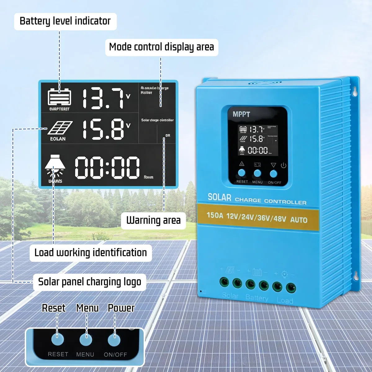 150A MPPT Laderegler, 12V 24V 36V 48V Solar Laderegler, Solarladeregler mit LCD Display und Doppelte USB, Max PV 100V Eingang für Blei-Säure/Lithium Batterie