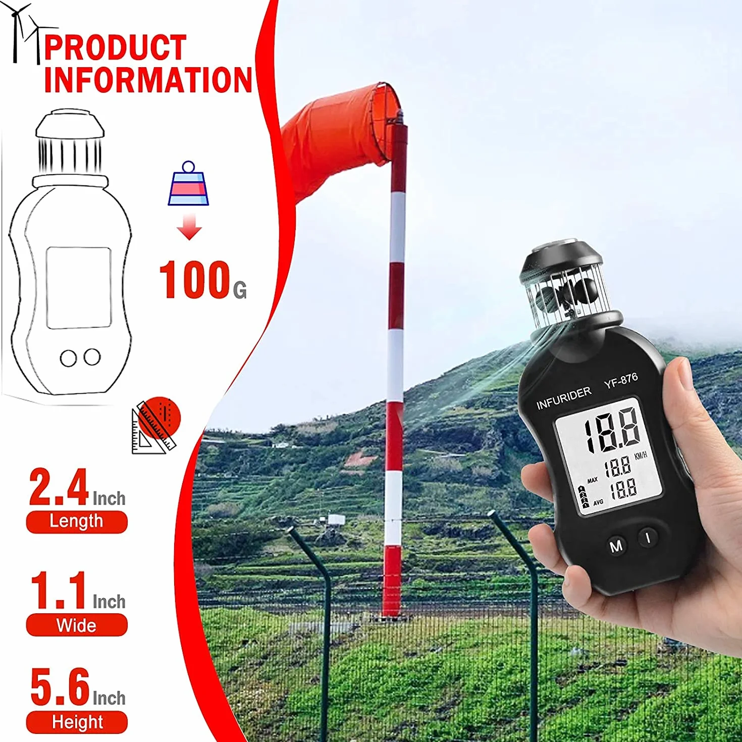 Handheld Windmesser Windmessgerät,INFURIDER YF-876 Digital Anemometer Wind Speed Meter für Windgeschwindigkeitsmesser,Windrichtungsmesser mit Kompass für Outdoor Aktivitäten mit HVAC Drohne