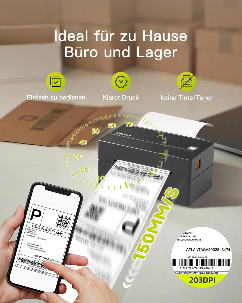 Inateck Mobile Thermo-Etiketten-drucker, Kabelloser 4x6 Versandetiketten Drucker für Versandpakete, Kompatibel mit iPhone, Android, iPad, Windows, MacOS, Chrome, USPS, Schwarz