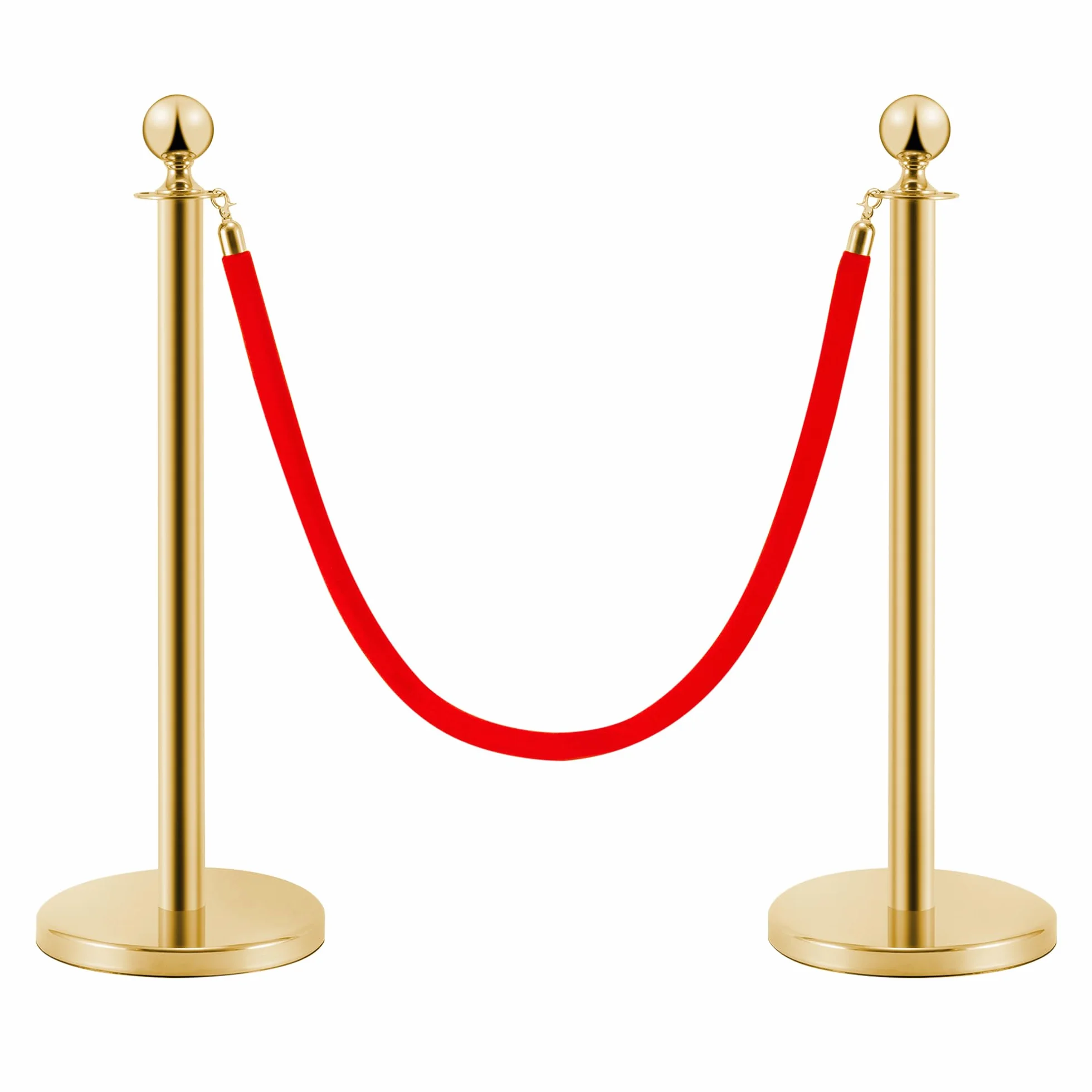 Abstandshalter aus Edelstahl, goldfarben, 2 Stück, 90 cm hoch, silberfarben mit rotem Samtseil, 1,5 m, 4-Wege-Verbindung, Basis 31 cm Durchmesser, Massenkontrolle