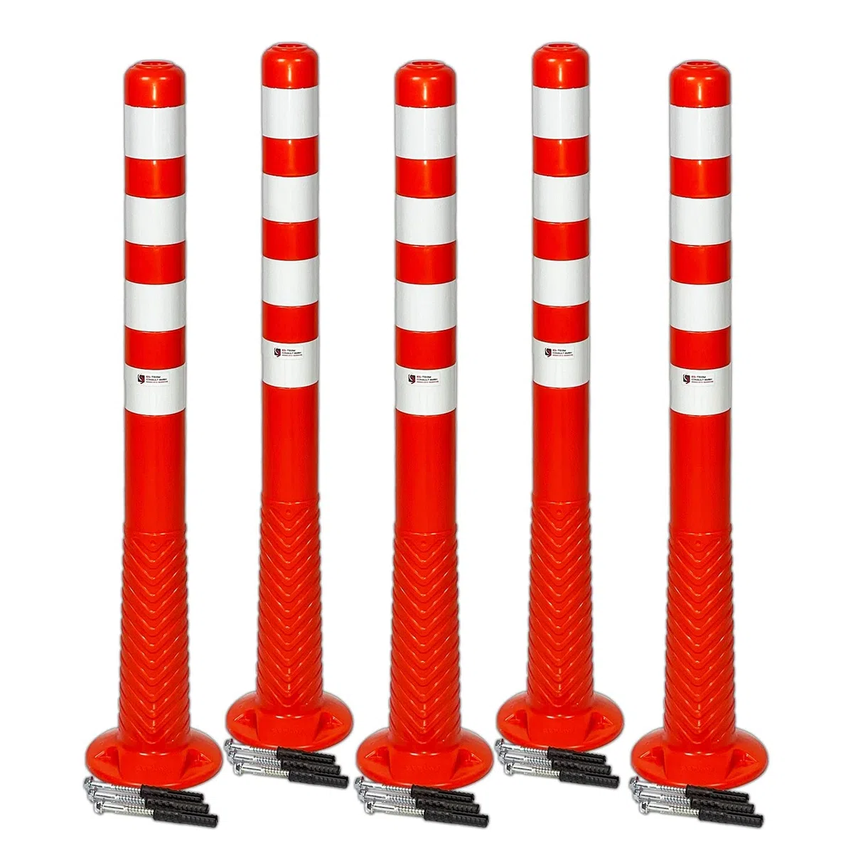 UvV 5 Stück flexible Absperrpfosten Ecoline 100cm orange vier Reflexstreifen (RA1) Befestigungsmaterial - überfahrbar, selbstaufrichtend (5-100cm)