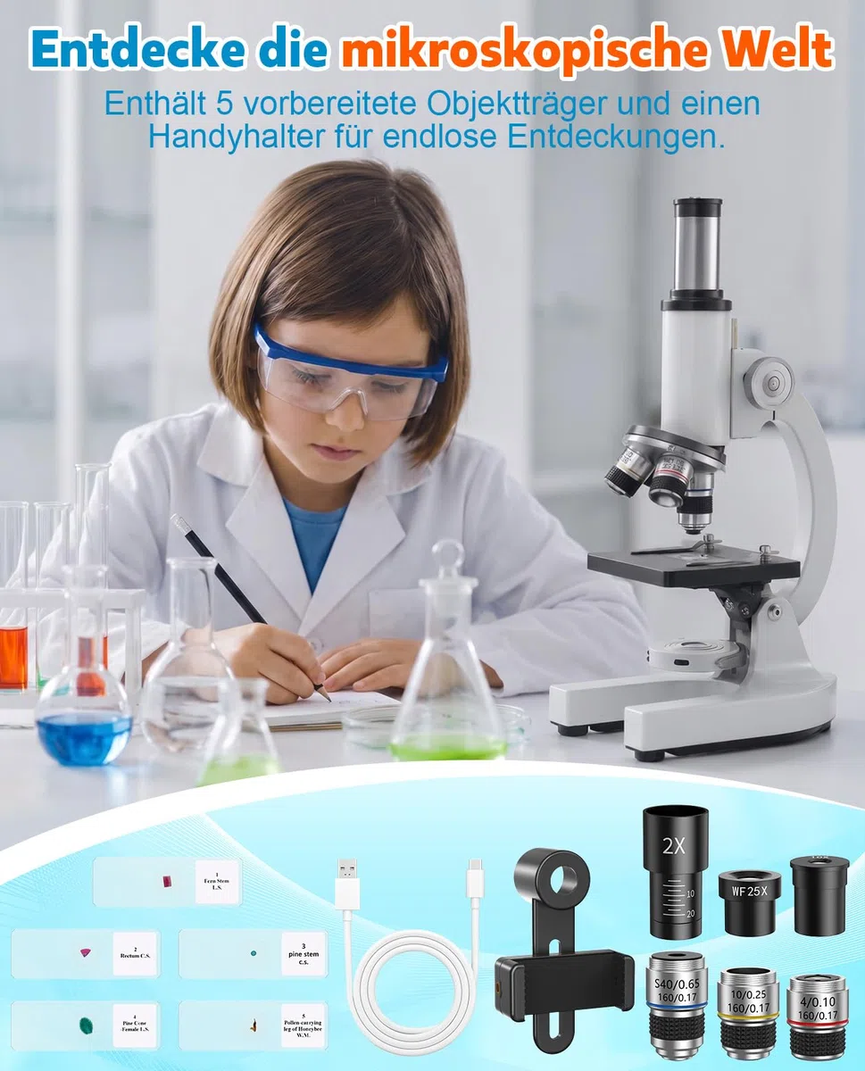40X-2000X Mikroskop für Kinder Schüler Erwachsene: Biologie Monokulares Mikroskop für Labor, Zuhause und Schule - Microscope mit Koffer, Objektträgern, Telefonhalter - Geschenk für Kinder AB 6