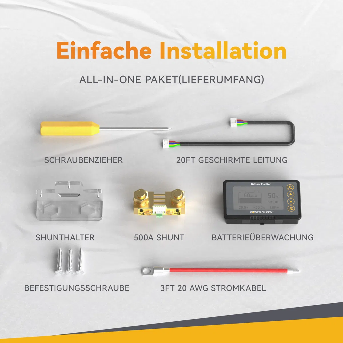 Power Queen 500A Batteriemonitor mit Shunt Programmierbarer Alarm 8V-120V Spannungsbereich LCD Anzeige 20ft Geschirmter Draht Kompatibel mit 12V Lithium, LiFePO4, Gel, überfluteten Batterien