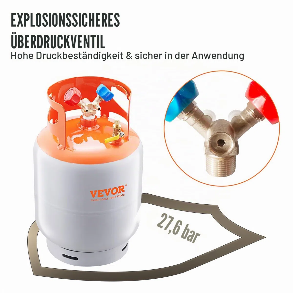 VEVOR Kältemittel-Rückgewinnungsbehälter, maximale Kapazität 13,6 kg, 400 PSI, Kältemittel-Gasrückgewinnungszylinder Φ250 x 390 mm, HP295 Stahl Kältemittel-Rückgewinnungsbehälter
