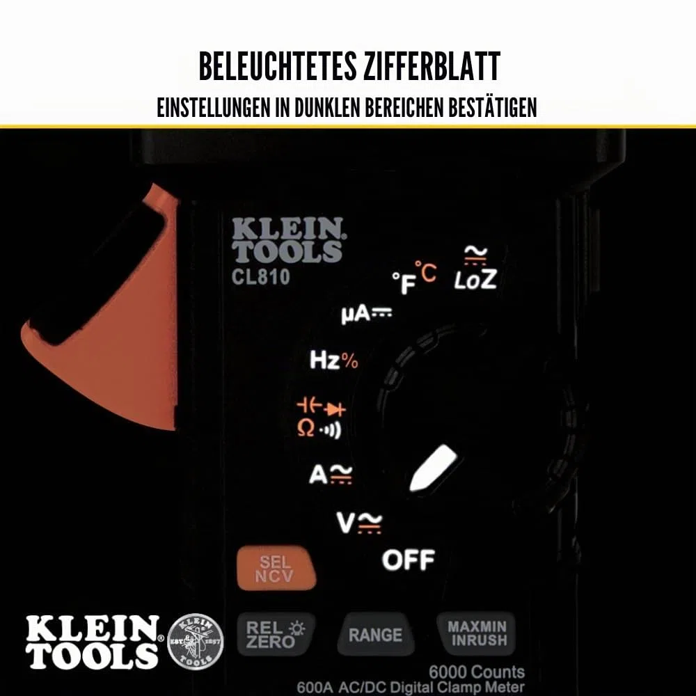 Klein Tools CL810 Digitales Zangenmultimeter 600A AC/DC | TRMS Auto-Ranging Stromzange | Spannung Widerstand Frequenz Kapazität Temperatur | NCV LoZ Durchgangsprüfung | Arbeitslicht CAT III