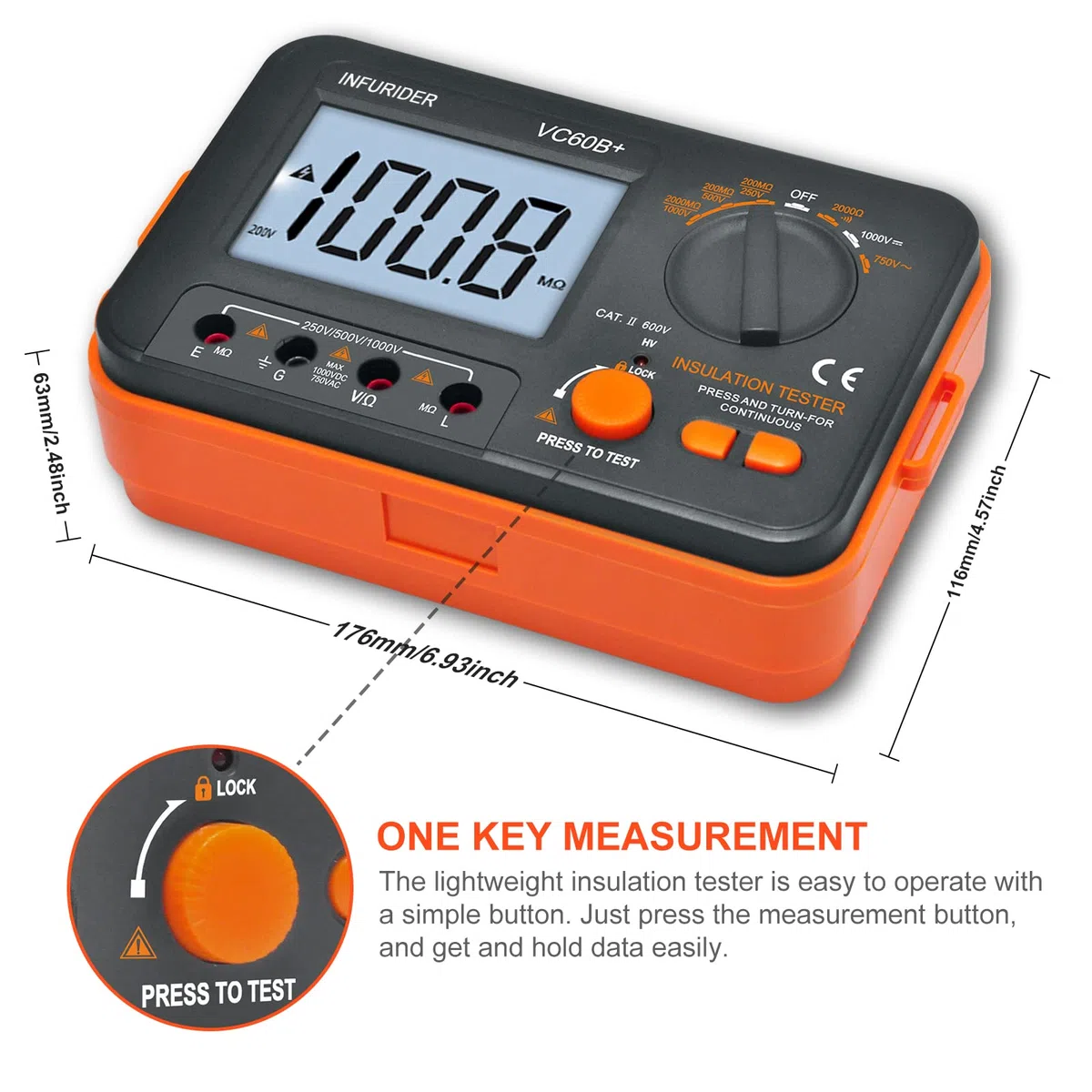 Digitaler Isolationswiderstandstester, Megohmmeter Ohmmeter YF-VC60B+, Spannungsprüfer 250/500/1000 V, Isolationsmessgerät mit hintergrundbeleuchtetem LCD-Display, Datenspeicherung