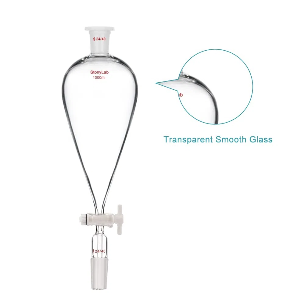 stonylab Scheidetrichter Glas, 1000 ml Separatorentrichter mit PTFE-Absperrhahn Konischer Birnenförmiger Schwerwandiger Borosilikatglas Trenntrichter mit 24/40 Fugen