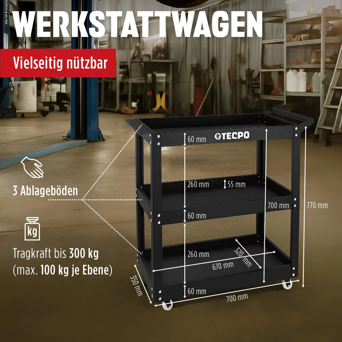 TECPO Werkzeugwagen Rollwagen mit 3 Ladeflächen inkl. Schaumeinlage zum Schutz, 300 kg Tragkraft, Werkstattwagen mit Lochleiste für Werkzeuge - geeignet als Transportwagen