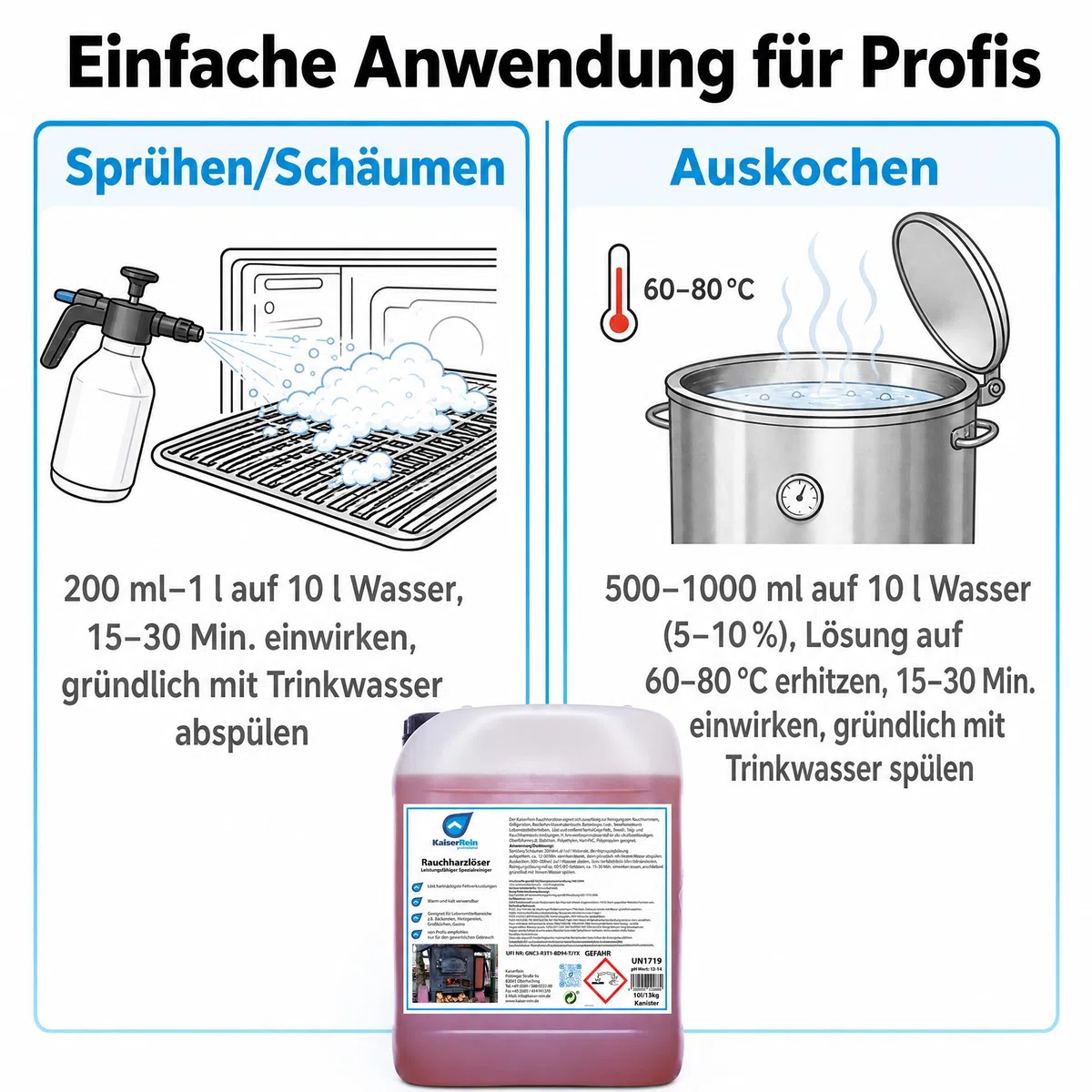 KaiserRein Grillreiniger Profi Rauchharzentferner, Backofenreiniger extra stark, 10-l-Kanister, schäumbar, warm/kalt, für Rauchkammern, Grills, Öfen, Konvektomaten, stark alkalischer Gastro-Reiniger