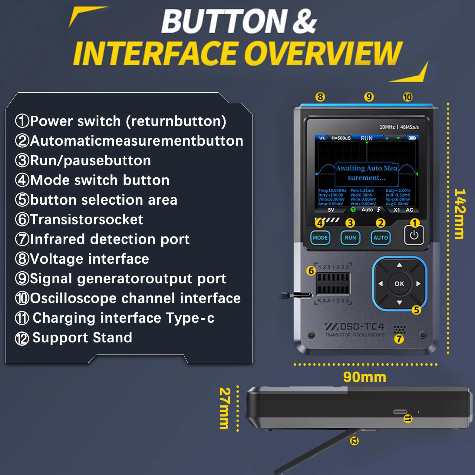DEWIN Oszilloskop, 3 in 1 DSO-TC4 Oscilloscope Transistortester Signalgenerator 10 MHz Bandbreite 48 MSa/s Abtastrate