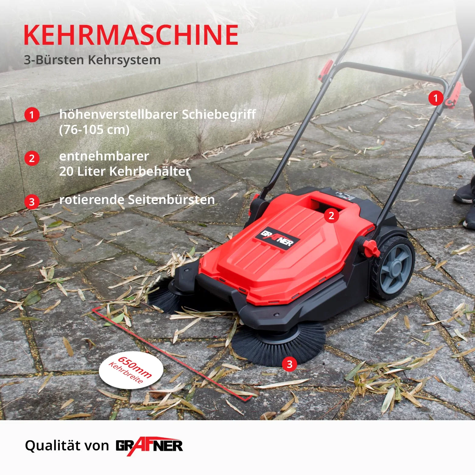 Grafner Kehrmaschine manuell, 650 mm Kehrbreite, 2 Seitenbürsten, 20 Liter Kehrbehälter, Flächenleistung: 2400 m²/h, höhenverstellbarer Griff, Handkehrmaschine Bodenkehrer Kehrmaschine mit Seitenbesen