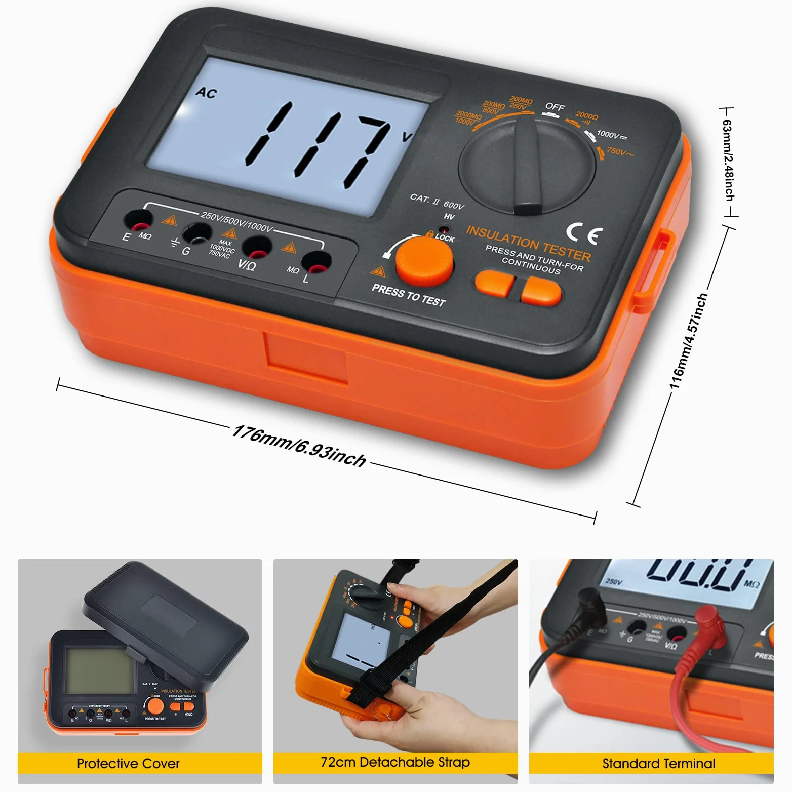 Isolationsmessgerät 250V/500V/1000V Megohmmeter, Kethvoz Isolationsprüfer mit AC/DC Spannungsmessung, Widerstand 2kΩ, Durchgangsprüfung <50Ω, Inkl. Messkabel & Krokodilklemmen