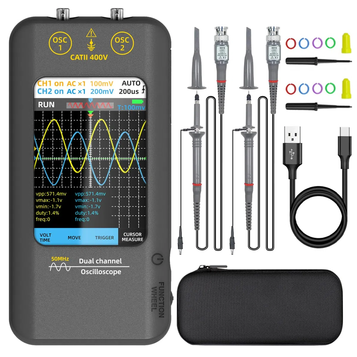 BSIDE Handheld Oszilloskop 3.98'' Touchscreen digitales Oszilloskop Zweikanal 50MHz Bandbreite Tragbares Oszilloskop Signalgenerator 250MSa/s Abtastrate Tablet Automotive Oszilloskop