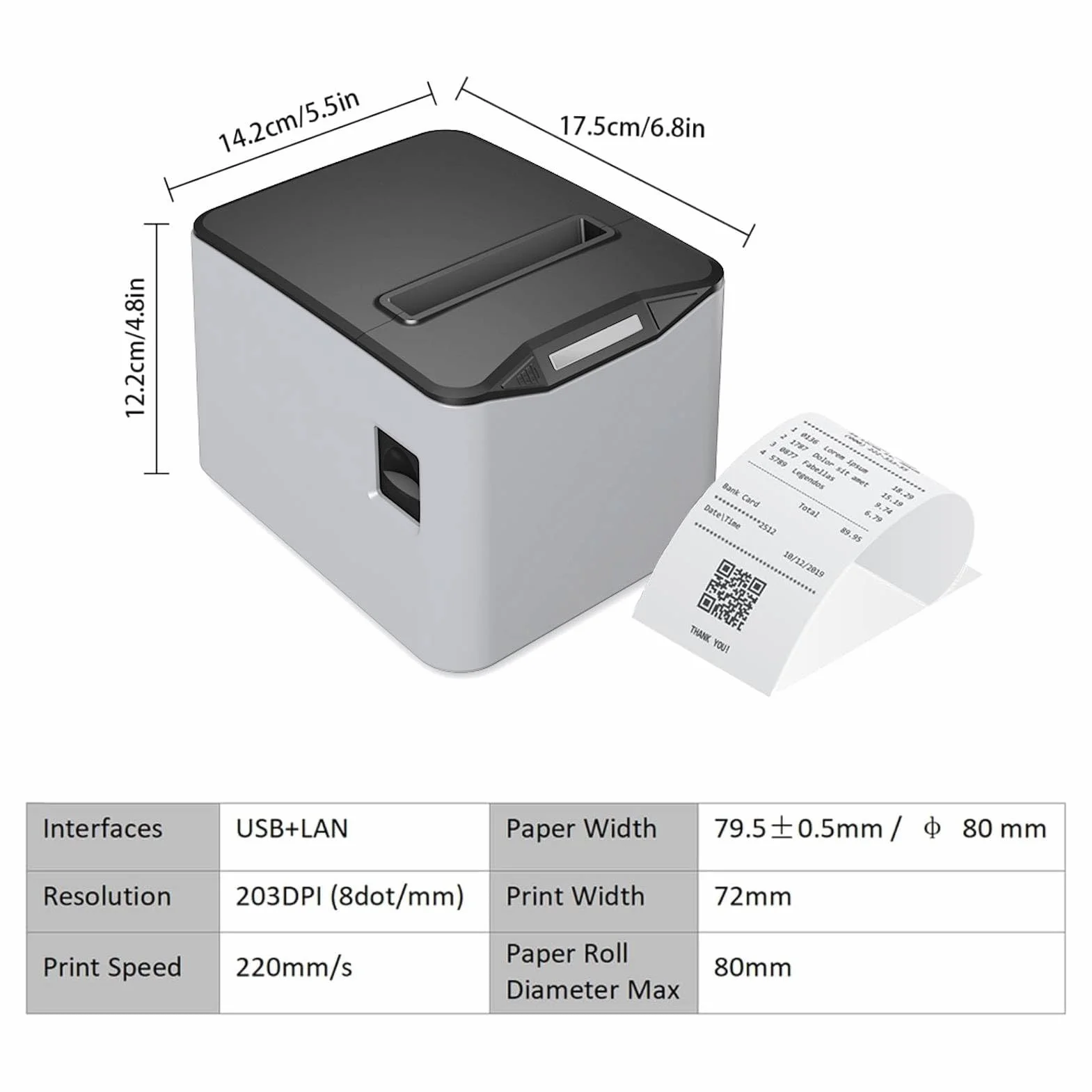 Bisofice Bondrucker 80mm unterstützt automatisches Schneiden, ESC/POS, (220 mm/s, USB + Ethernet-Anschluss)