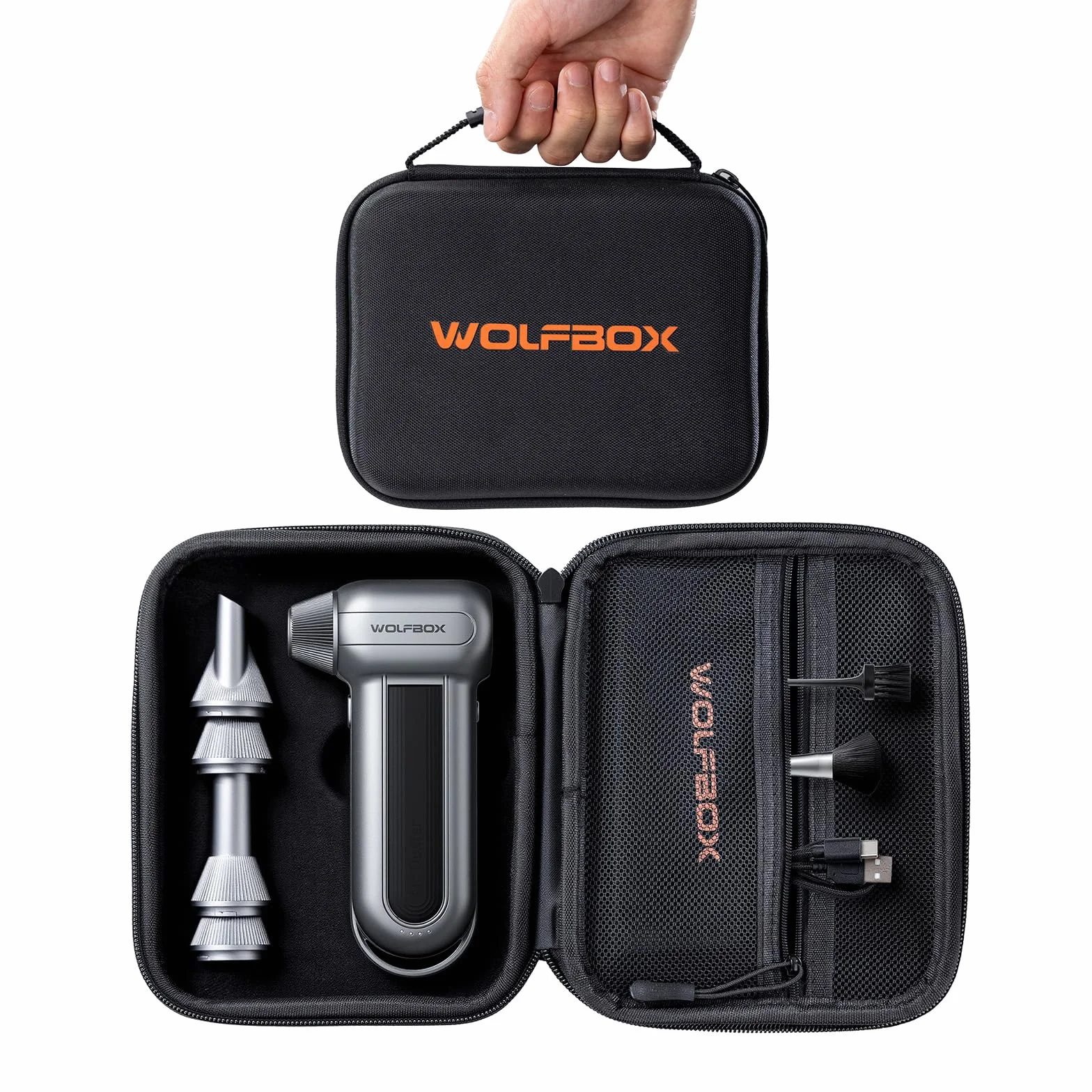 WOLFBOX Harte Tragetasche, kompatibel mit MF50 MF100 MF60 MF70 elektrischer Luftstaubwedel, stoßfeste schützende Reise-Aufbewahrungstasche für Druckluftgebläse & Zubehör, spritzwassergeschützt (SB100