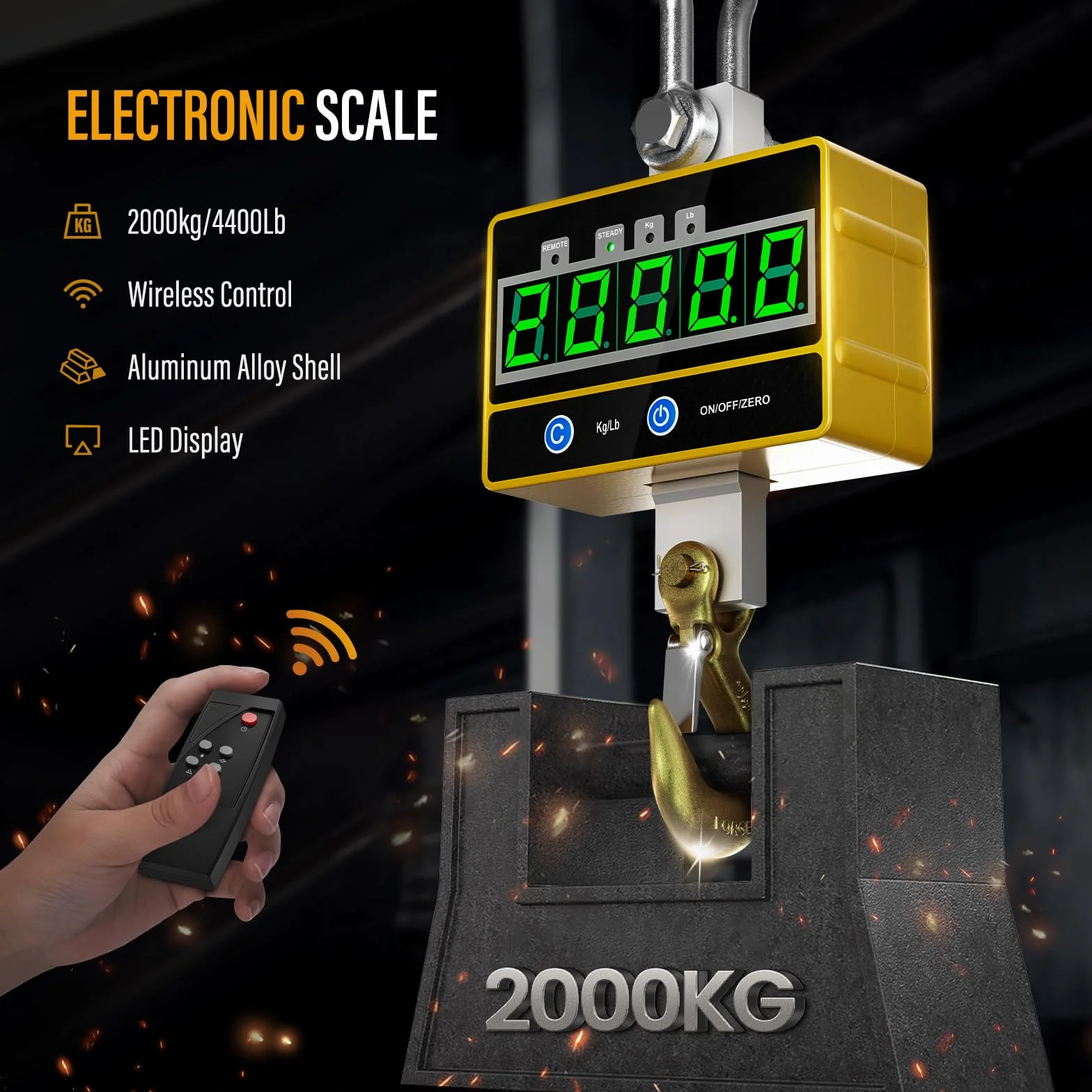 Kranwaage 2000kg, Crane Scale Digital 2T, Schwere Industrie Hängewaage, LED Bildschirm Wiederaufladbare mit Fernbedienung, für Industrielle und Bauernhof Präzisionsmaschinen