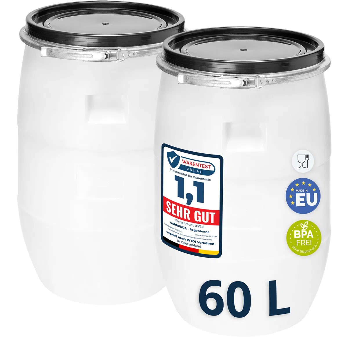 Garronda Set 2x 60 Liter Deckelfass Weithalsfass aus HDPE Regenfass für Garten Fass 60l Wassertonne Futtertonne Wasserbehälter Universalfass Wasserfass Lebensmittelfass Wassertank GD-0122, Weiß
