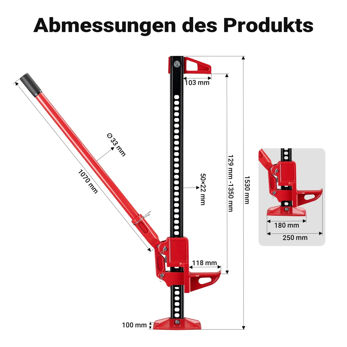 Wiltec 60‘‘ Wagenheber bis 3000 kg und max. 135 cm Hubhöhe, Offroad Farm Jack, Stockwinde für Geländewagen, SUV und ATV, Allzweckheber aus Stahl
