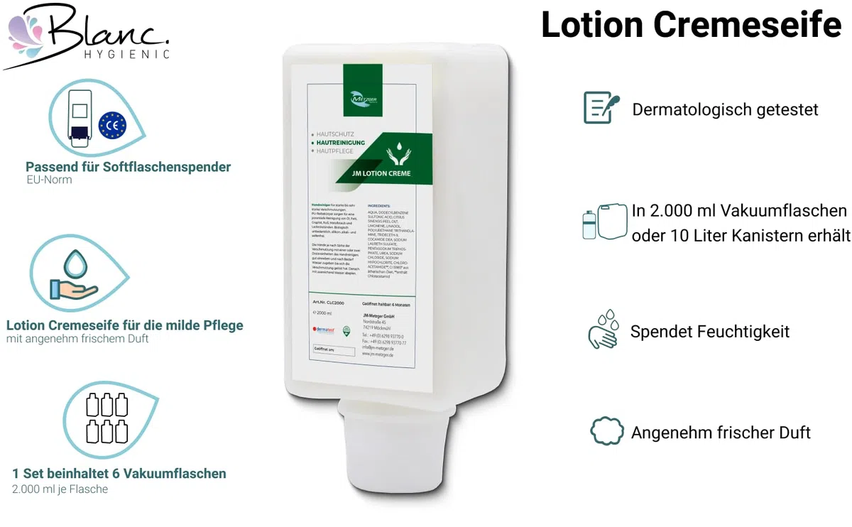 Lotion Cremeseife 6x2 Liter Vakuumflaschen | Dermatologisch getestet, 6x2 L Vakuumflaschen, Perlmutt-Effekt & milde Cremeseife