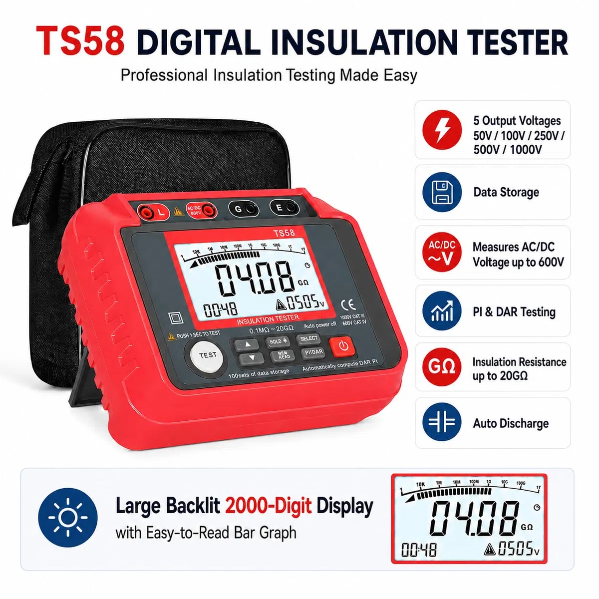 Isolationsmessgerät 1000V, AIOMEST ​​Isolationsprüfer Digital​​ 0,1MΩ-20GΩ Messgerät Isolationswiderstand mit 50V/100V/250V/500V/1000V Prüfspannung | Datenlogger, AC/DC Spannungsmesser(10V~600V)