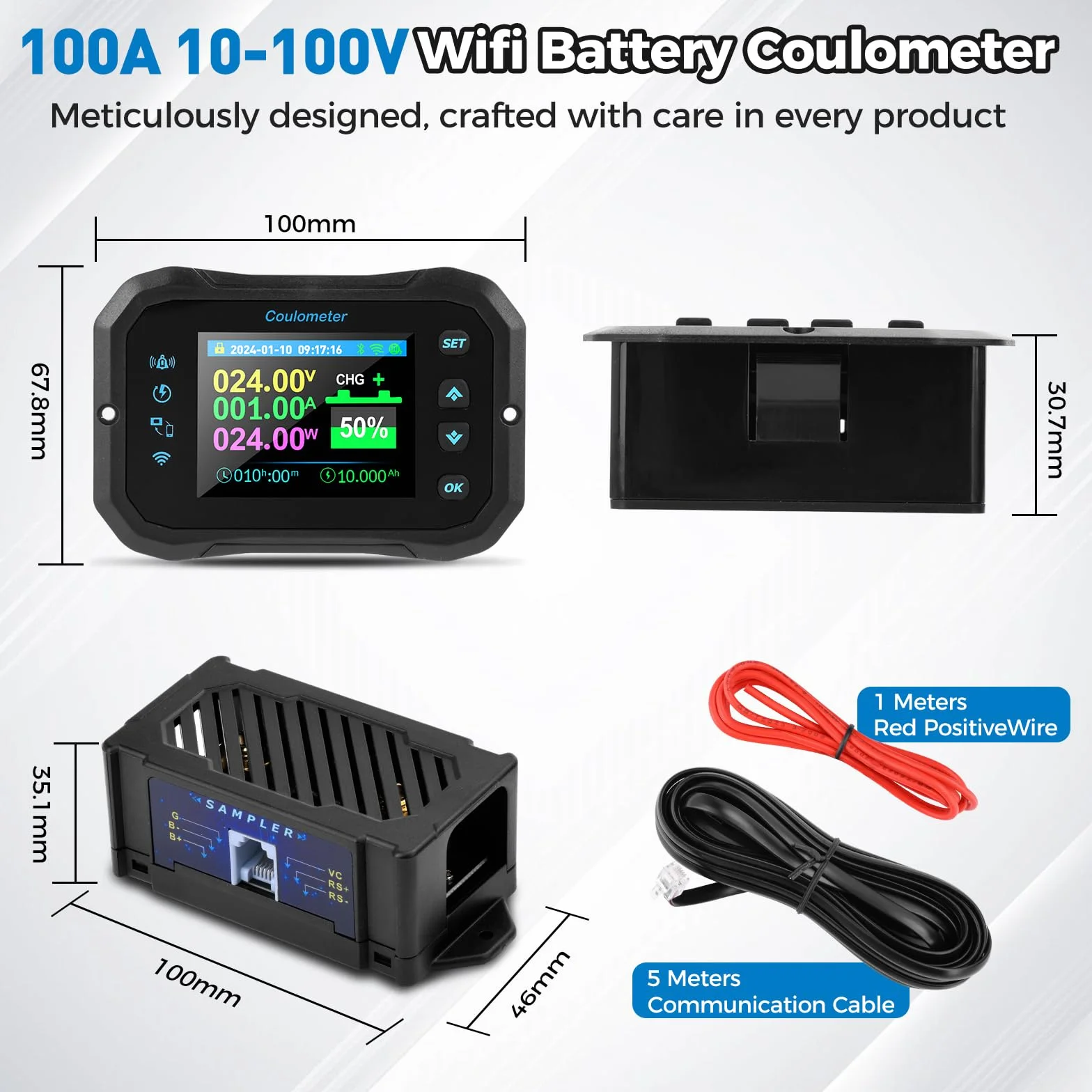 Heemol 100A WIFI Batterie Monitor, 10-100V Kapazitätsmesser LCD Display mit Alarmfunktion für Blei-Säure-Lithium Batterie