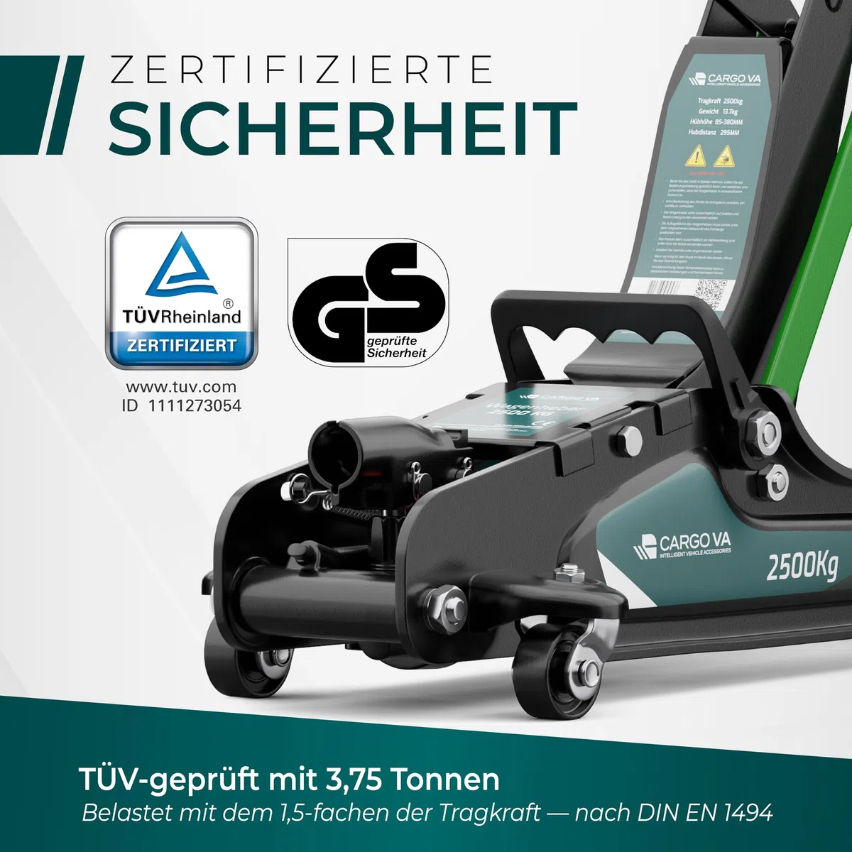 Wagenheber hydraulisch 2,5T – TÜV – 85-380mm Hub – flach für tiefergelegte Autos – Rangierwagenheber inkl. Gummiauflagen [Koffer]