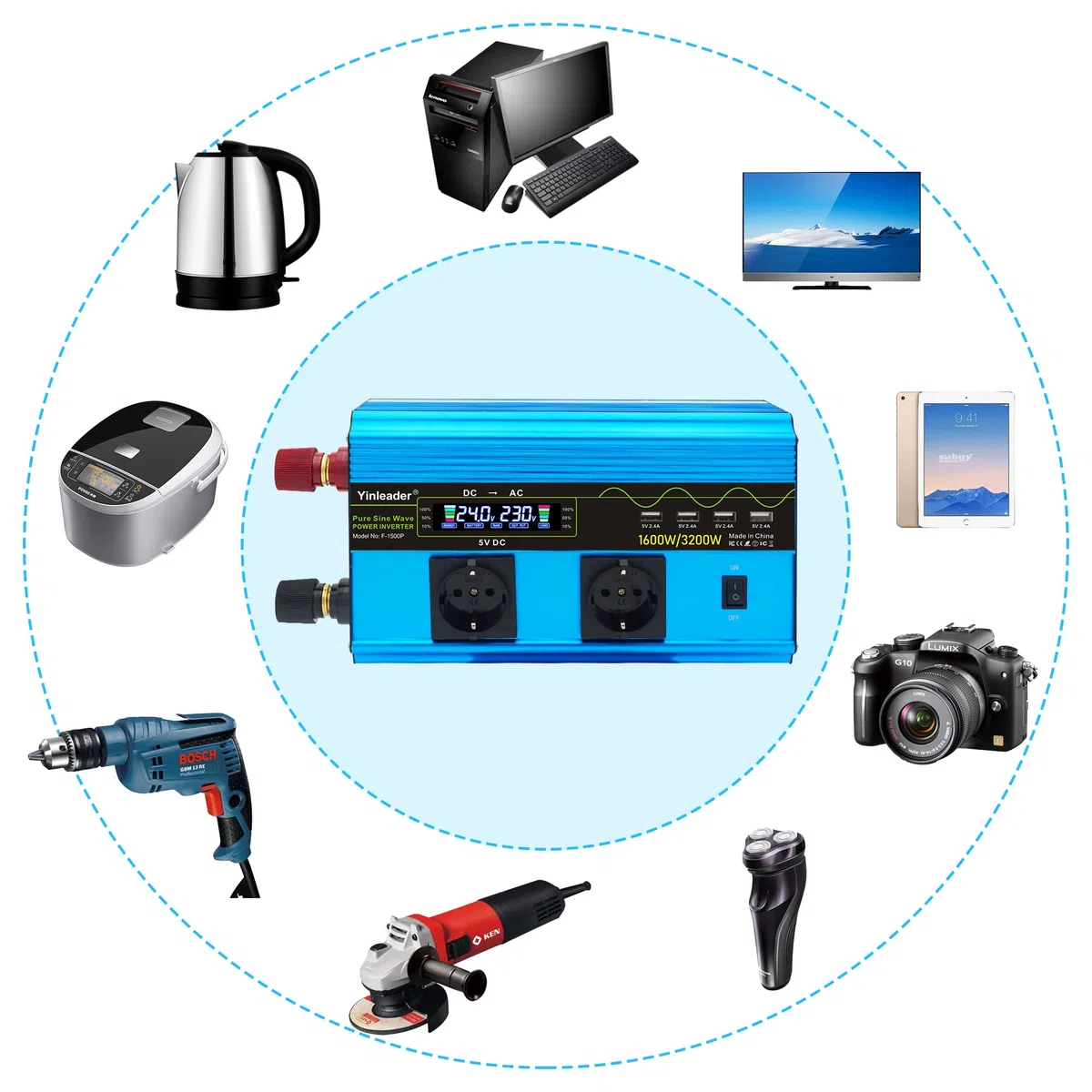 Yinleader Wechselrichter 24V 230V 1600W Reiner Sinus Spannungswandler 2xEU-Steckdosen und 4xUSB-Anschlüsse mit 10m drahtlose Fernbedienung