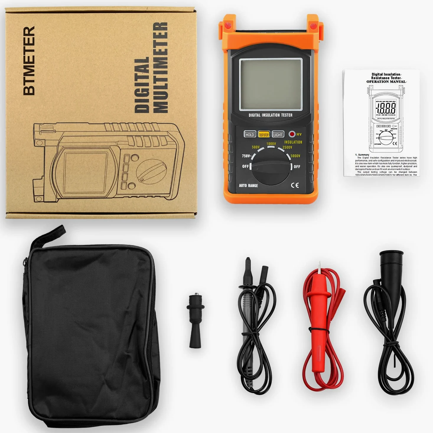 BTMETER Megohmmeter 200 Gig Ohm Digitaler Isolationswiderstandstester 1999 zählt, mit Automatischer Bereichswahl, 500V/1kV/2,5kV/5kV Prüfspannung, Datenspeicherung, Hintergrundbeleuchtung