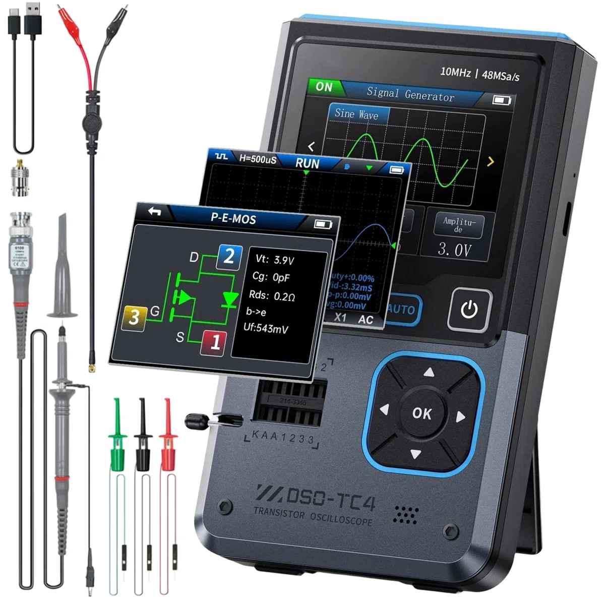 DSO-TC4 Oszilloskop, 3 in 1 Oscilloscope Handoszilloskop Transistortester Signalgenerator 10 MHz Bandbreite 48 MSa/s Abtastrate Multimeter Oszilloskope mit 2.8'' Tft Display, Transistor Tester